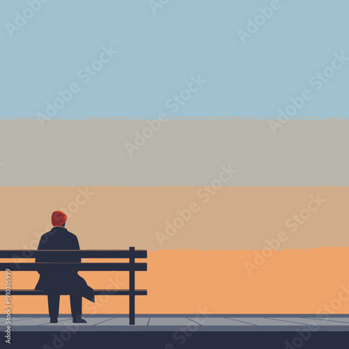 A solitary man sits on a park bench, gazing at the serene, abstract horizon under a calming, multi-colored sky, reflecting on life's quiet moments.