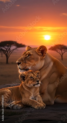 Wallpaper Mural Lioness and Cub Relaxing at Sunset Savannah. Torontodigital.ca