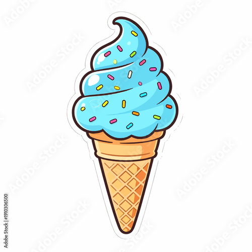 Cute blue soft serve ice cream with colorful sprinkles in waffle cone, cartoon vector illustration isolated on white background.