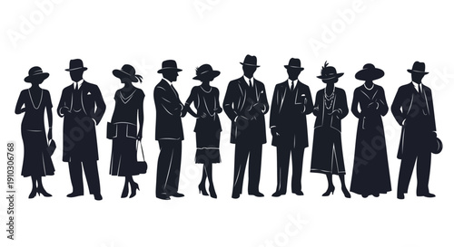 Elegant 1920s silhouettes of people wearing vintage suits and dresses