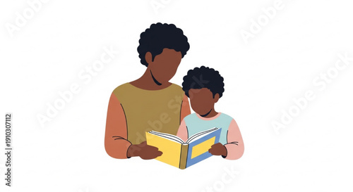 Black Mother and Child Reading Together Minimal Flat Vector Illustration
