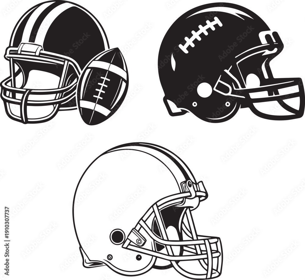 Fototapeta premium American football helmet outline. Sport equipment. Rugby helmet with ball, black Icon isolated on white. American Football Symbol
