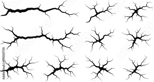 Set of cracked wall and ground silhouettes including earthquake damage concrete fractures and surface breaks cad drawing flat vector illustration