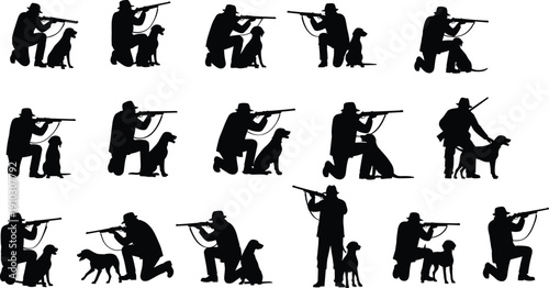 Hunter silhouette vector, hunting dog illustration, rifle man graphic, outdoor sport artwork, wildlife clipart design, rustic hunting icon, nature activity symbol