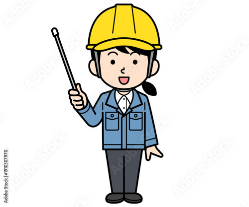 指し棒を持つヘルメットをかぶった現場監督の女性