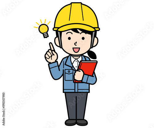 ファイルを持ってアイデアを閃くヘルメットをかぶった現場監督の女性
