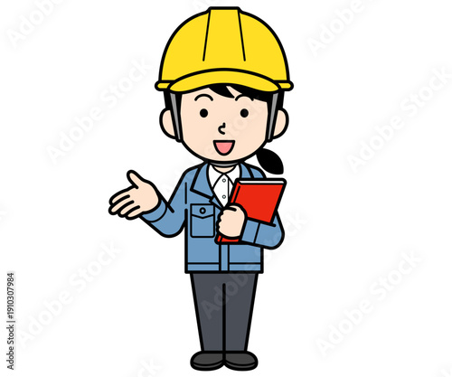 ファイルを持って説明するヘルメットをかぶった現場監督の女性