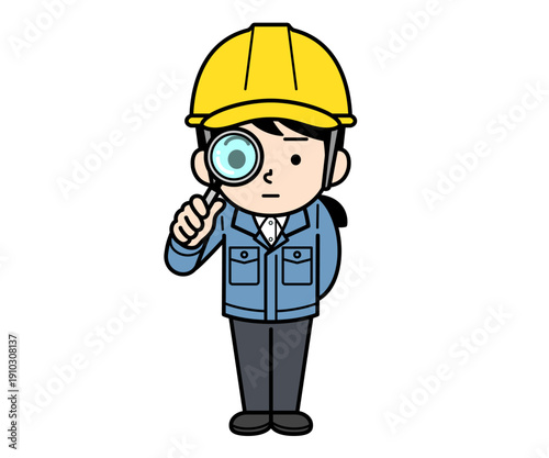 虫眼鏡で観察するヘルメットをかぶった現場監督の女性