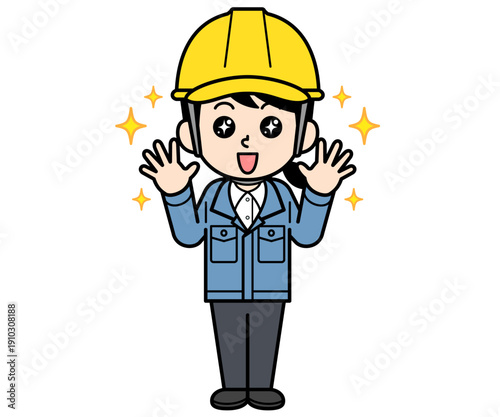 感激しているヘルメットをかぶった現場監督の女性