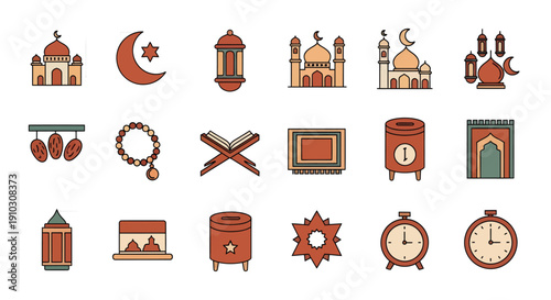 Ramadan Kareem Icon Set, Islamic Religious Elements for Eid Mubarak, Flat Vector Illustration of Mosque, Quran, Lantern, Prayer Beads, and Crescent Moon in Earth Tone Colors