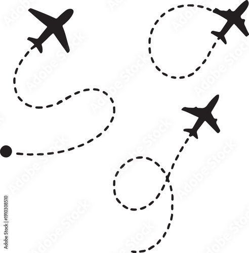Flying with a dashed line from the starting point and along the path silhouette vector set. Airplane dotted route line the way airplane