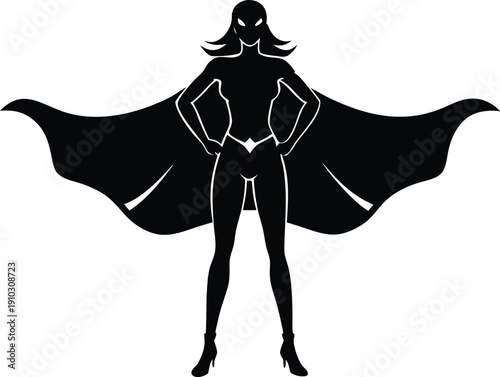silhouette vector illustration of a strong superhero woman with a flowing cape standing confidently with hands on hips
