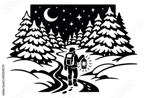 Hand drawn line art illustration of a person depicting walking on a snowy path by moonlight for winter adventure
