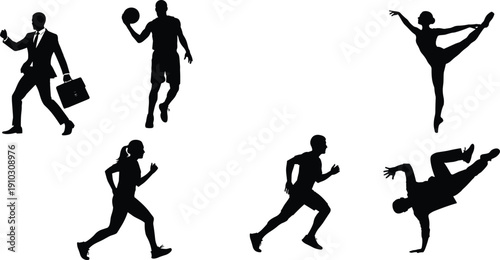 Businessman walking with briefcase and phone, basketball player holding ball, ballerina arabesque dance pose, woman runner silhouette, man runner motion, breakdancer upside-down dynamic pose