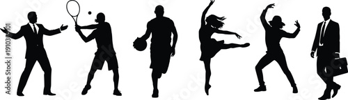 Businessman holding briefcase silhouette, tennis player action pose, basketball athlete walking, ballerina graceful dance, hip-hop dancer expressive move, professional speaker
