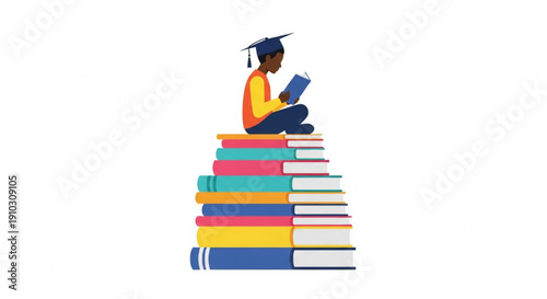 Black Student Reading on Stack of Books with Graduation Cap Flat Vector Illustration