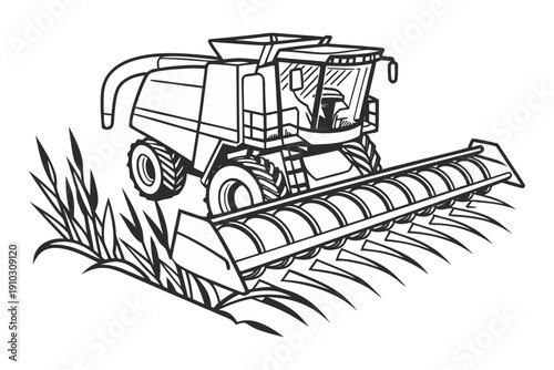 Modern Combine Harvester Agricultural Machine Line Art Vector Illustration Isolated on White.