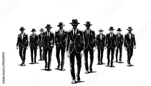 Large group of mysterious men in suits walking forward vector illustration