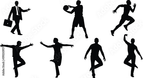 Businessman walking with briefcase silhouette, basketball player preparing shot, runner athlete mid-stride motion, ballerina graceful dance pose, expressive yoga dancer, dynamic breakdance silhouette