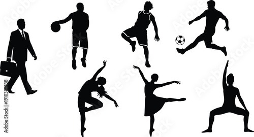 Businessman walking with briefcase and coffee, runner athlete mid-stride motion, dancer jumping silhouette, ballerina graceful pose, guitar dancer performance, superhero powerful stance