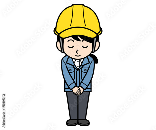 お辞儀するヘルメットをかぶった現場監督の女性