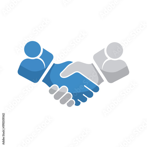 A graphic illustration of two people shaking hands in blue and gray tones on a white background. Perfect for business, partnerships, and anthropology day presentations