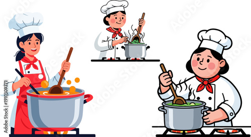 Vector illustration of female chefs cooking soup in pots, stirring with wooden spoons, isolated on white