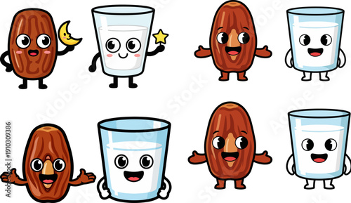Cute Cartoon Dates and Milk Glasses Vector Illustration Set, Ramadan Iftar Food and Drink Characters, Kawaii Style, isolated on white