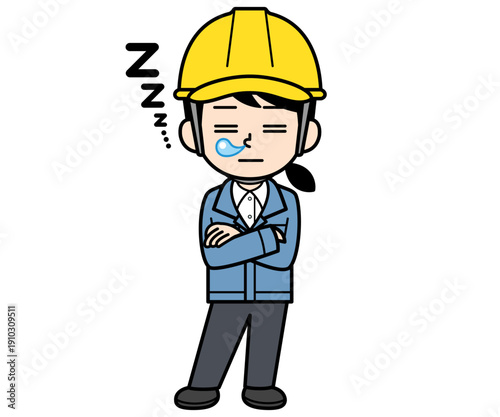 居眠りするヘルメットをかぶった現場監督の女性