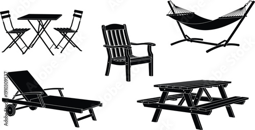 Set of outdoor patio furniture silhouettes including wooden picnic table garden chairs hammock sun lounger and bistro set for landscape design cad drawing flat vector illustration