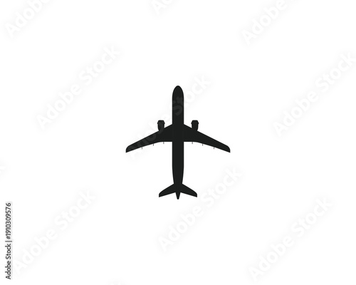 Overhead Airplane Silhouette. Airplane icon representing travel, transport and air industry isolated on white background.