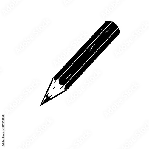 black and white vector of a pencil traditionally sharpened with a knife, featuring uneven wood texture and a sharp graphite tip. Ideal for authentic craft, sketching, and traditional woodworking theme