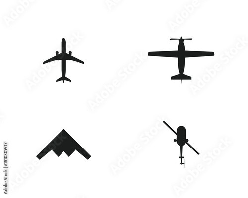 Airplane silhouette collection with different aircraft types. Military jet fighter and civil aviation cargo and passenger planes. Aviation set representing travel, transport and air industry.