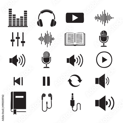 Black and White Audio and Music Icon Set for Media Projects