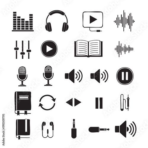 Black and white vector set audio and music symbols elements
