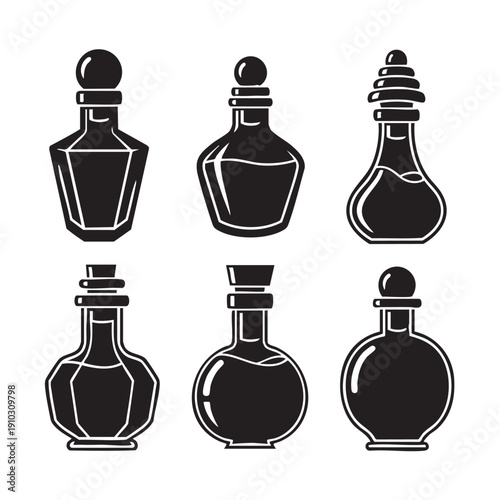 Black and white vector set of potion bottles with liquid contents