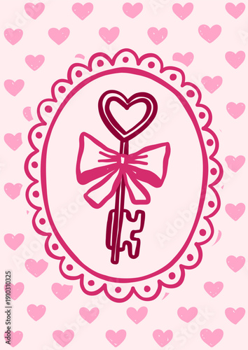 Whimsical Valentines Day vintage vector card design. Retro love romantic pink poster with key, bow illustration in coquette frame