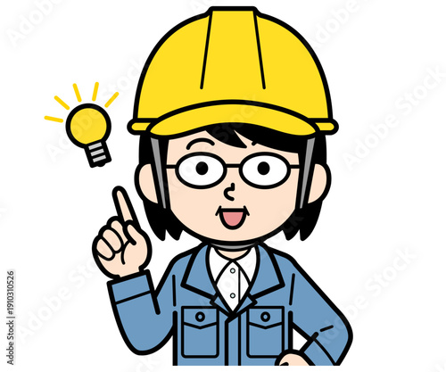 アイデアを閃くヘルメットをかぶった現場監督の中年女性