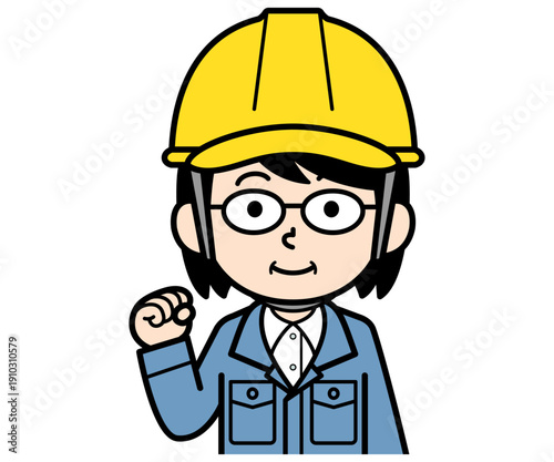 ガッツポーズするヘルメットをかぶった現場監督の中年女性