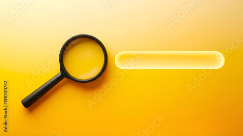 Top-down view of a black magnifying glass next to a glowing yellow search bar on a vibrant amber gradient background, symbolizing digital inquiry and online information retrieval.