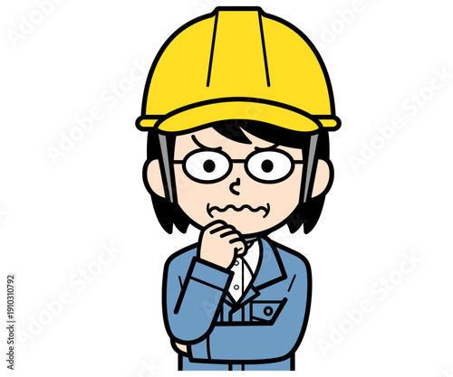 悩んでいるヘルメットをかぶった現場監督の中年女性