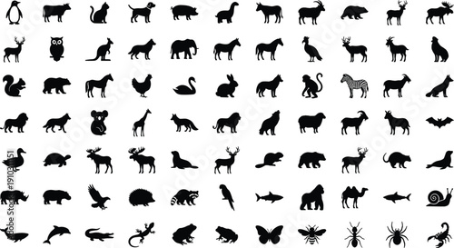 Black and white vector illustration grid of diverse animal silhouettes, stylized wildlife icons including mammals, birds, reptiles, insects, and marine species
