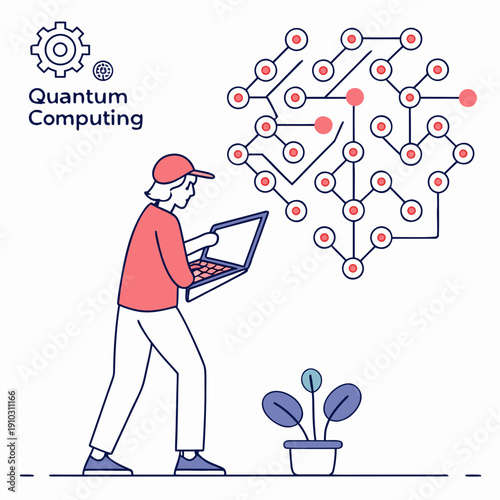 Abstract visualization of quantum computing circuits with glowing particles and interconnected nodes, futuristic technology concept