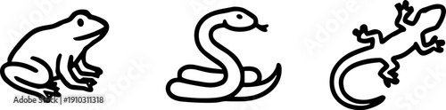 Black and white vector illustration of frog, snake, and lizard silhouettes, stylized reptile and amphibian icons for educational wildlife design use