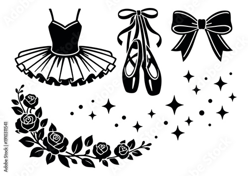Elegant ballet elements set featuring a tutu, pointe shoes, bow, roses and sparkles for dance themed designs