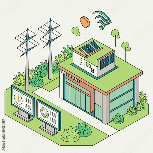 AI-powered eco city management center, a futuristic vector graphic illustrating sustainable urban technology and innovation.