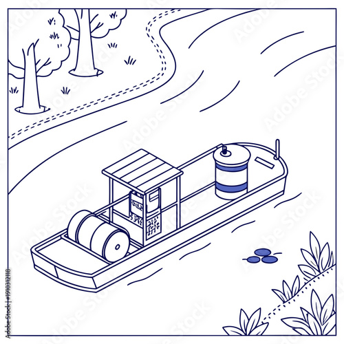 Autonomous robot boat cleaning polluted river water, advanced environmental technology, futuristic concept