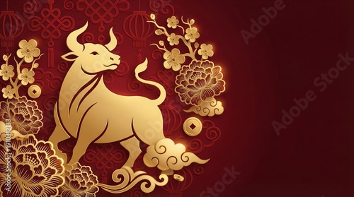 Happy Chinese New Year banner, featuring elegant ox silhouette, ornate flowers, and festive decorative elements on red background. Panoramic banner with place for text