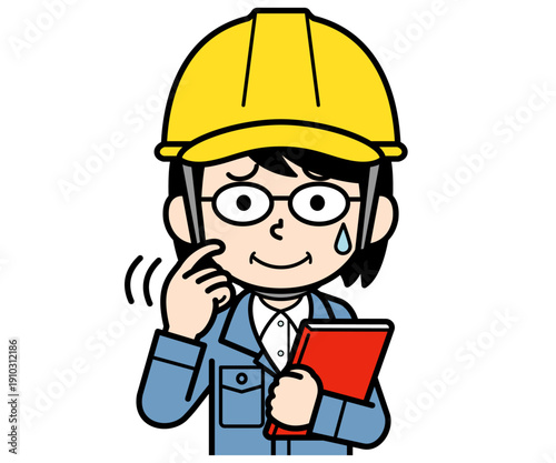 ファイルを持って動揺するヘルメットをかぶった現場監督の中年女性