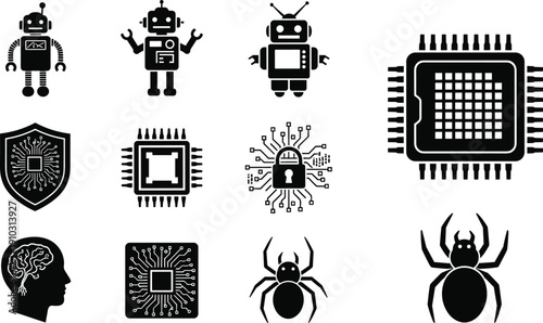 Robot and artificial intelligence icons set including microchips computer processors cybersecurity and technology elements cad drawing flat vector illustration